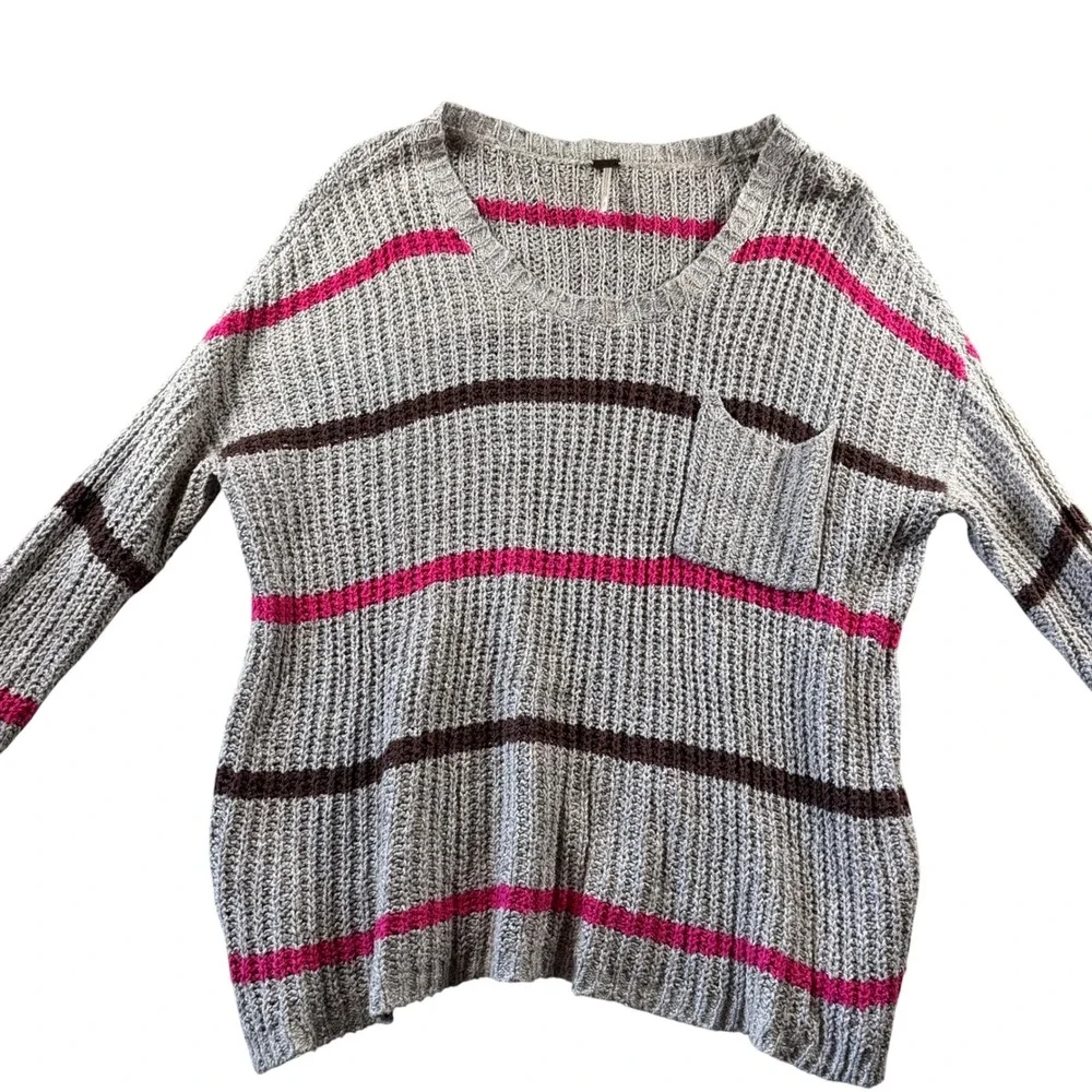 Free People Sweater Womens L Pink Striped Oversized V-Neck Knit Boho Chunky Knit